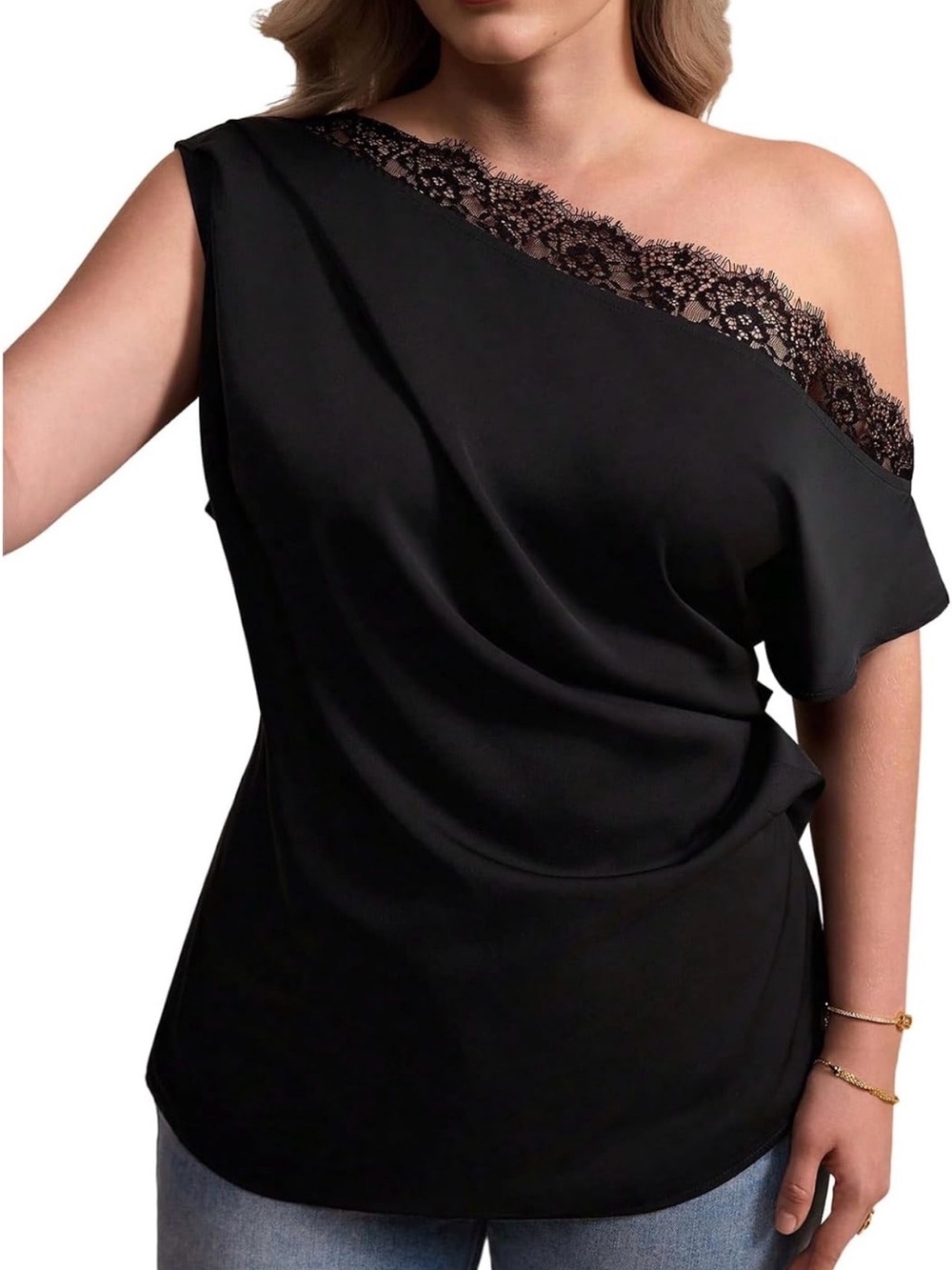Women's Black One-Shoulder Lace-Trim Blouse